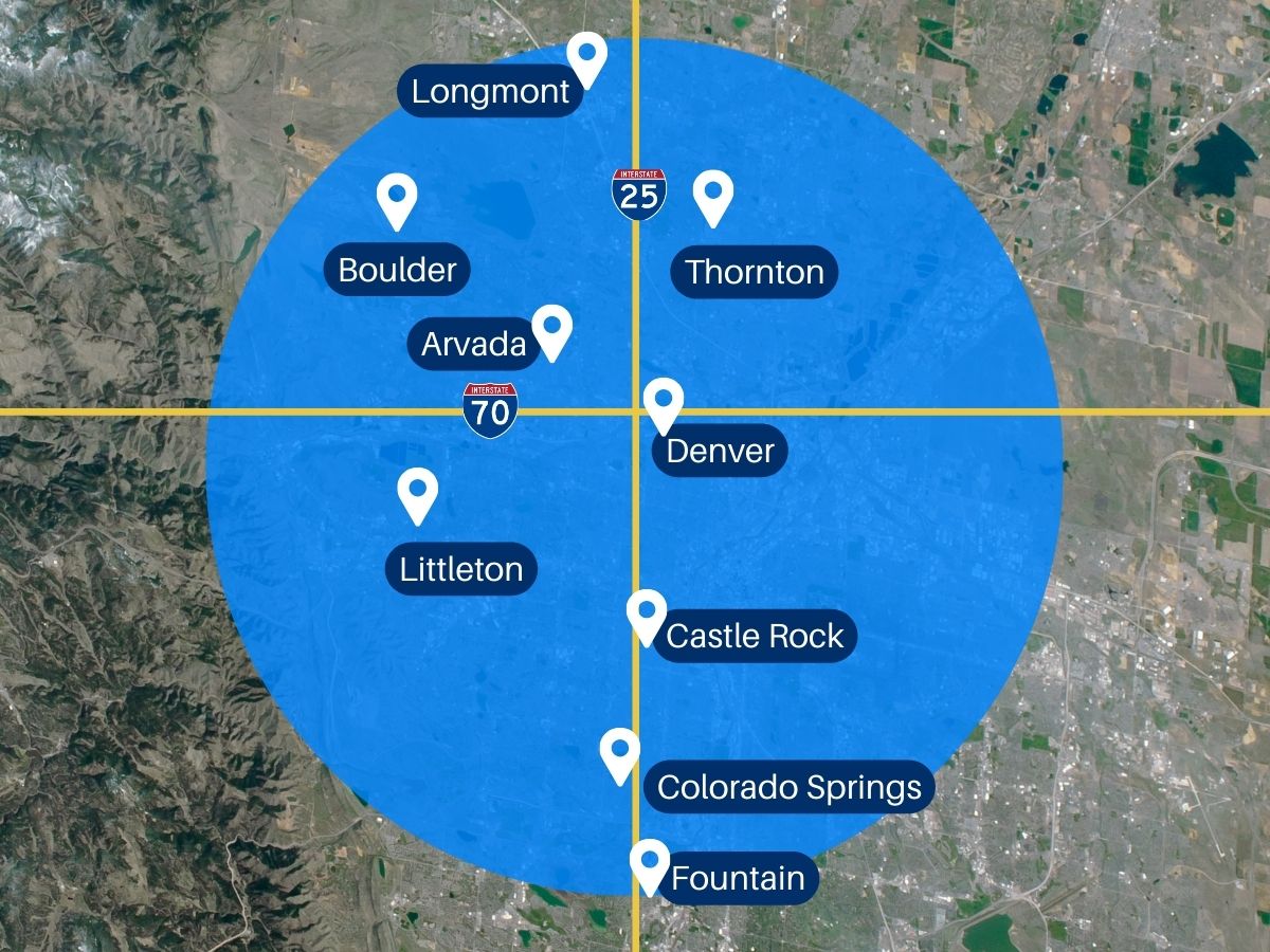 commercial HVAC maitenance map with a blue cirlce with denver metro ans south colorado