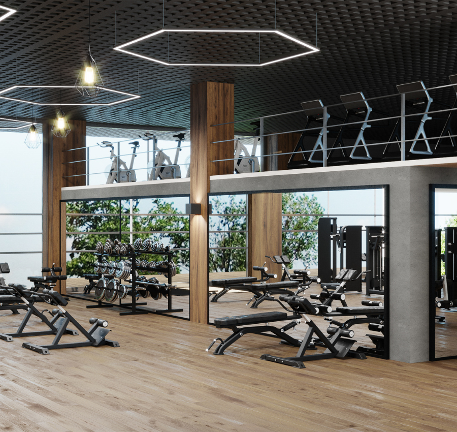 inside a two-story gym
