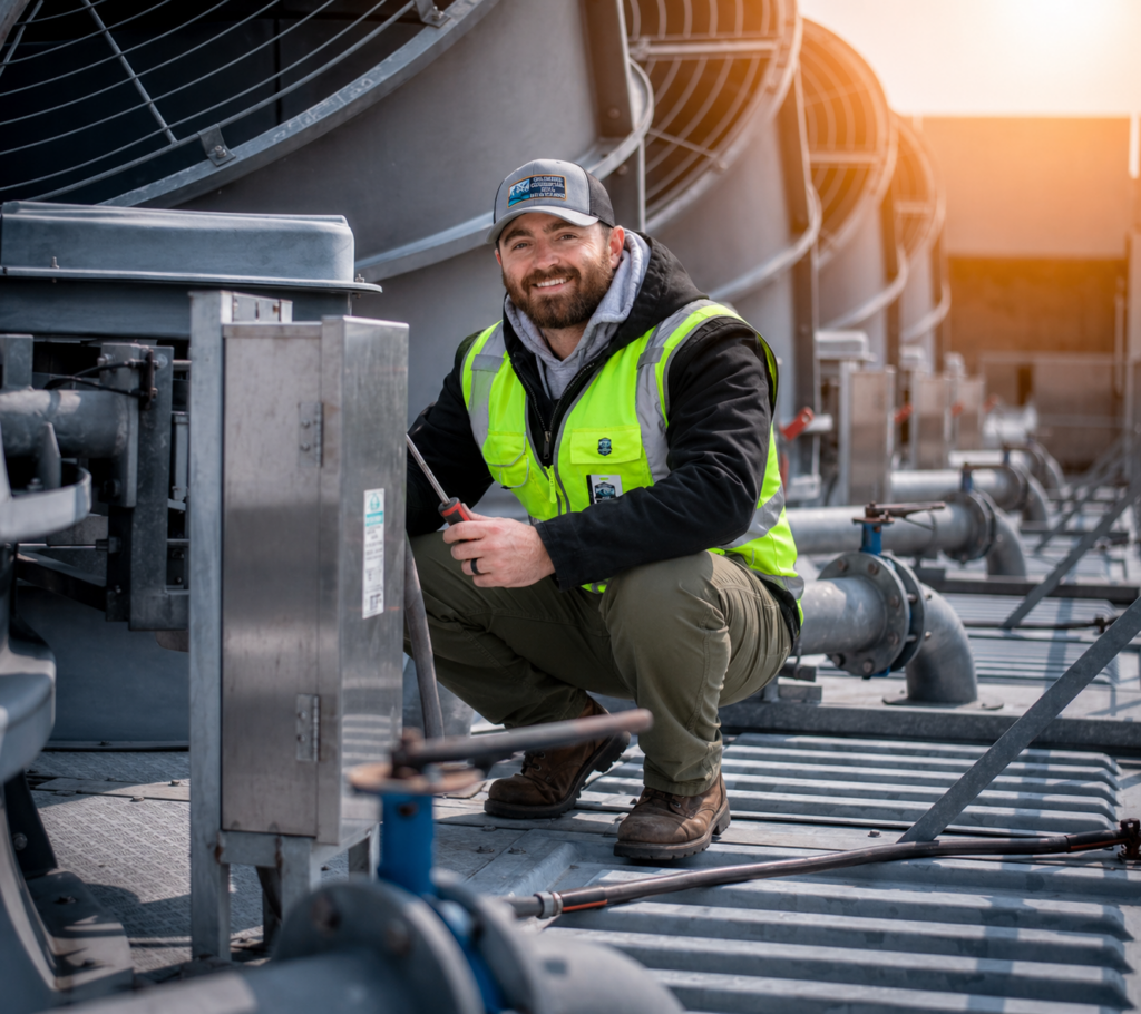 man inspecting HVAC roooftop equipment on a building in Denver CO