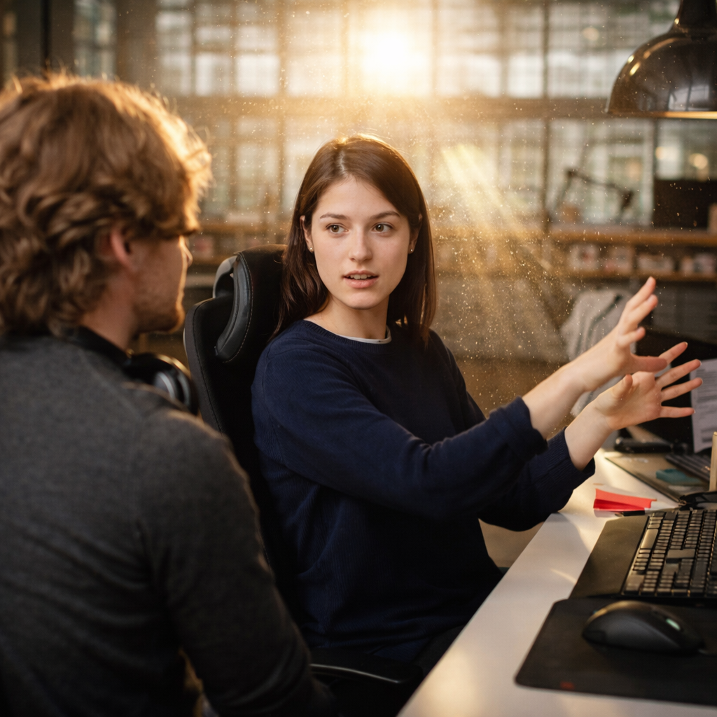 Coworkers chatting in sunlight-dappled office with dust in sunllight