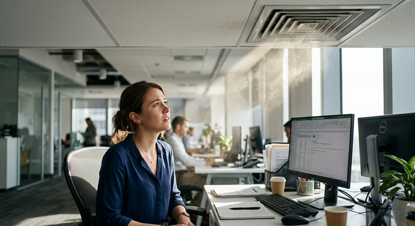 Woman sitting at a desk with dust in the office air
