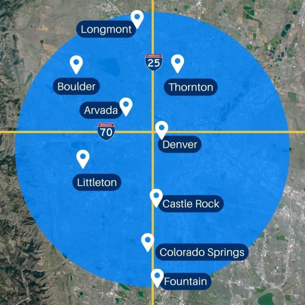 commercial HVAC maitenance map with a blue cirlce with denver metro ans south colorado